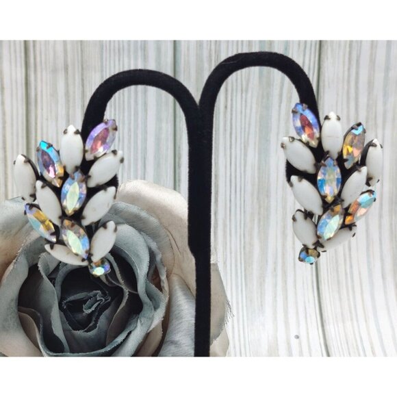 La Roco VINTAGE Milk Glass & AB Navette Crystal Clip On Earrings Large Climbers - Picture 5 of 10